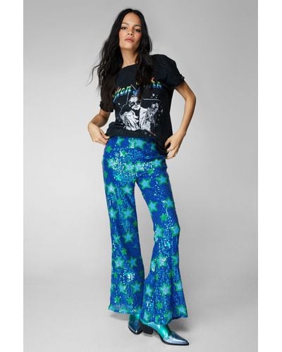Nasty Gal Star Sequin Flare Trousers - Blue