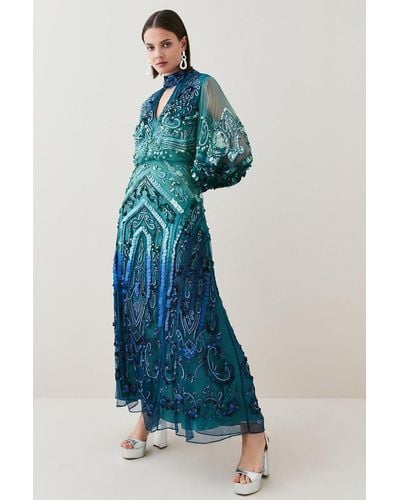 Karen Millen Ombre Sequin And Embroidered Maxi Dress - Blue