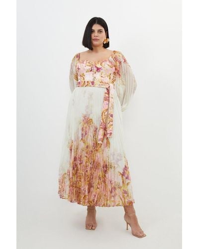 Karen Millen Plus Size Border Print Floral And Satin Bodice Pleat Woven Maxi Dress - Pink