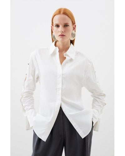 Karen Millen Cotton Poplin With Satin Finish Eyelet Woven Shirt - White