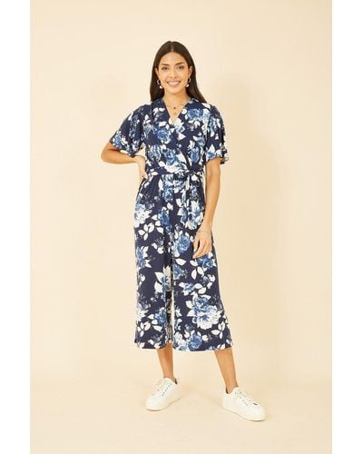 Mela Navy Rose Print Jumpsuit With Angel Sleeves - Blue