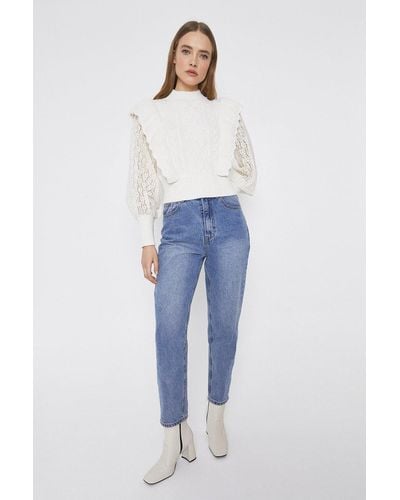 Warehouse Ruffle And Lace Cable Jumper - Blue
