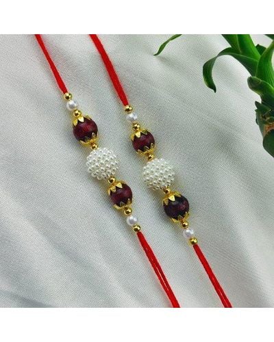 The Colourful Aura Set Of 2 Of White Pearl Red Sandalwood Bead Rakhi For Brother