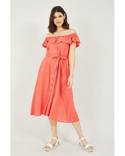 Yumi' Coral Bardot Button Down Dress - Red