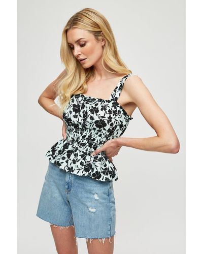 Dorothy Perkins Mint And Black Floral Shirred Waist Cami Top - Blue