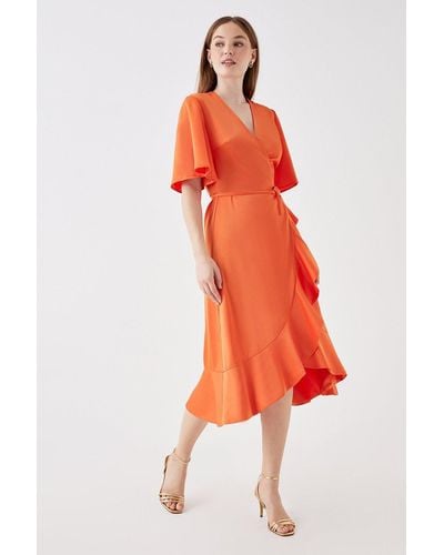 Debut London Angel Sleeve Satin Wrap Dress - Orange