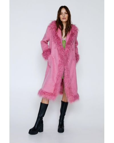 Nasty Gal Premium Faux Fur Trim Wool Coat - Pink