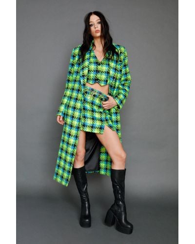 Nasty Gal Premium Plaid Boucle Tailored Duster Coat - Green