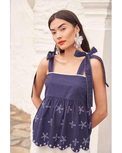 ANOTHER SUNDAY Embroidered Cami Top With Tie Strap In Navy - Purple