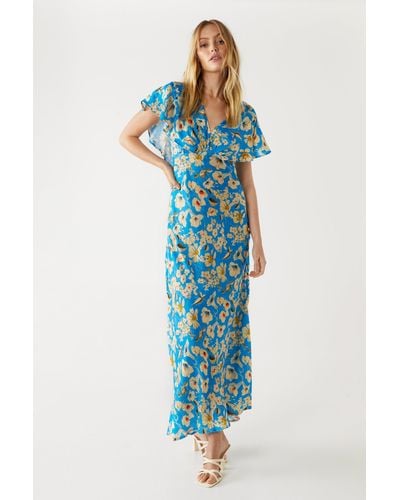 Warehouse Petite Floral Fluted Sleeve Maxi Tea Dress - Blue