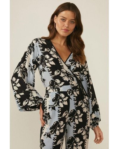 Oasis Vertical Floral Printed Kimono Wrap Top - Black