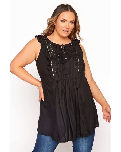 Yours Broderie Frill Blouse - Black