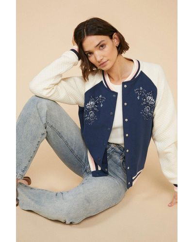 Oasis Embroidered Jersey Bomber Jacket - Blue