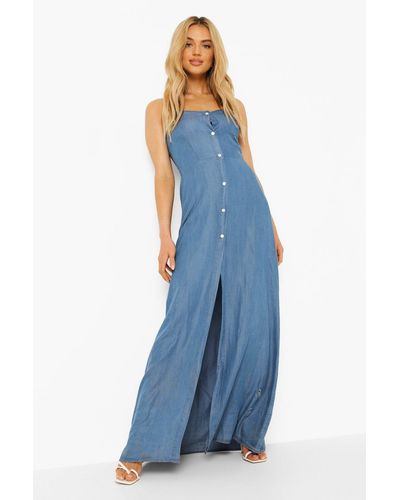 Boohoo Button Front Split Denim Maxi Dress - Blue