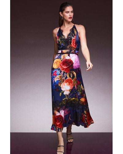Karen Millen Midnight Rose Woven Fluid Satin Slip Dress - Multicolour