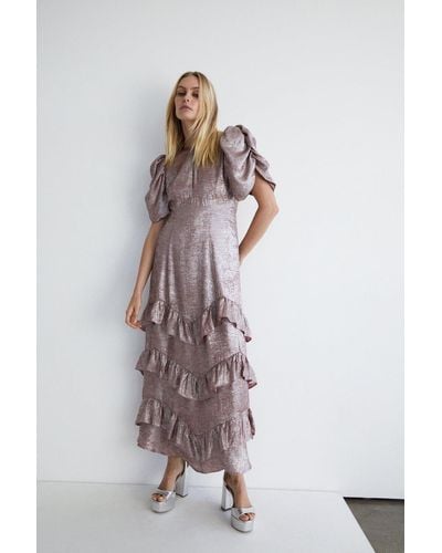 Warehouse Lame Ruched Sleeve Tired Maxi Dress - Metallic