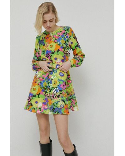 Warehouse Belted Mini Flippy Dress In Floral - Yellow