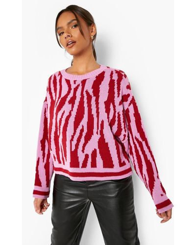 Boohoo Zebra Print Knitted Jumper With Long Sleeves - Red