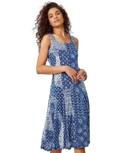 Roman Patchwork Print Fit And Flare Dress - Blue
