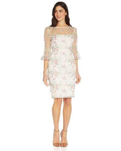 Adrianna Papell Embroidered Bell Sleeve Sheath Dress - White