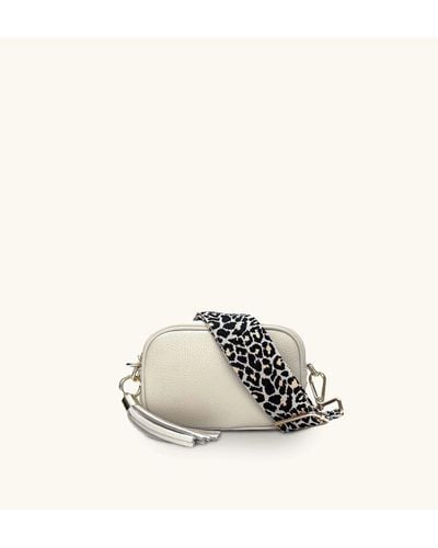 Apatchy London The Mini Tassel Stone Leather Phone Bag With Apricot Cheetah Strap - White