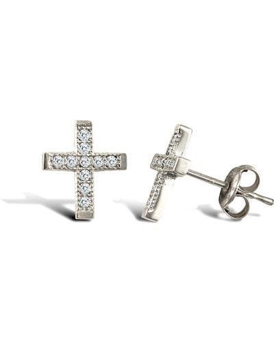 Jewelco London 9ct White Gold Cz Mini Cross Stud Earrings - Jes327 - Metallic