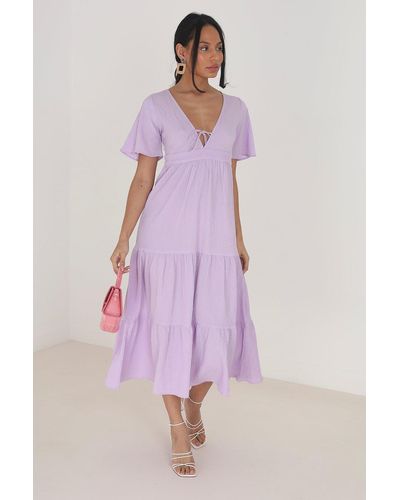 Brave Soul 'hegal' V-neck Flutter Sleeve Tiered Midi Dress - Purple