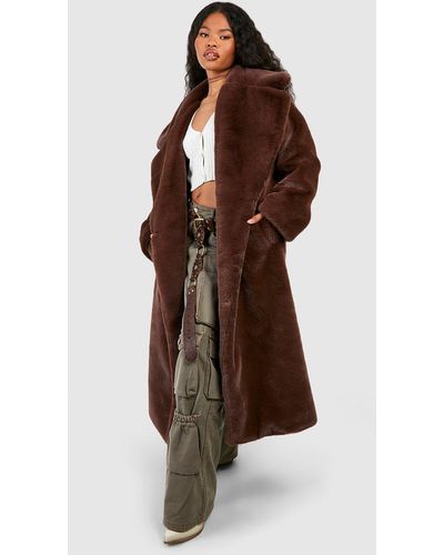 Boohoo Double Breasted Faux Fur Coat - Brown