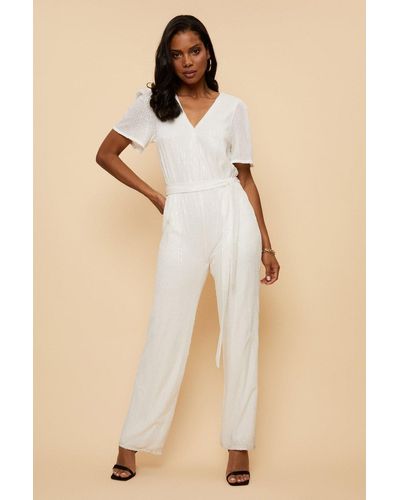 Wallis White Sequin Belted Jumpsuit - Natural