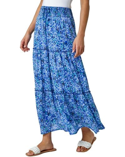 Roman Ditsy Floral Print Tiered Maxi Skirt - Blue