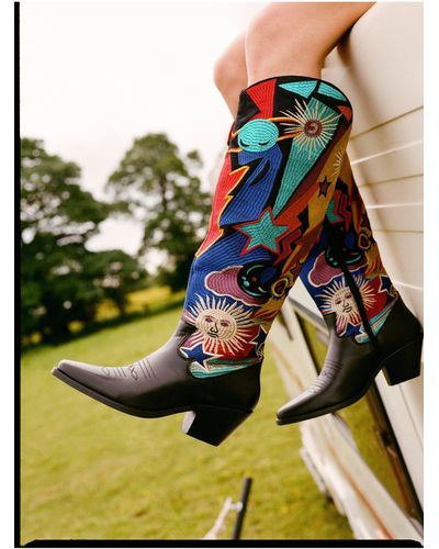 Nasty Gal Leather Embroidered Knee High Cowboy Boots - Multicolour