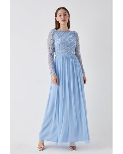 Debut London Diamond Embellished Mesh Skirt Bridesmaids Dress - Blue