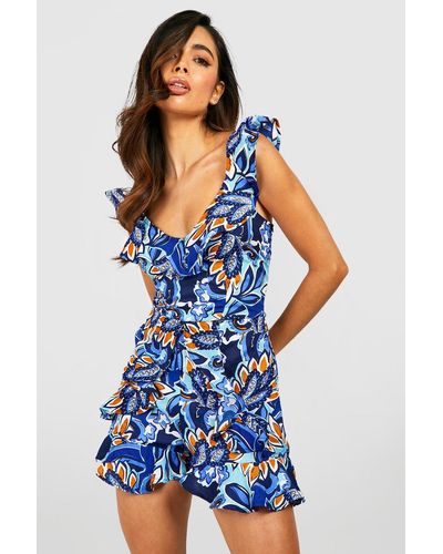 Boohoo Floral Plunge Neck Ruffle Romper - Blue