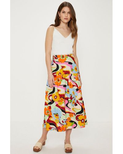 Oasis Linen Mix Floral Print Midi Skirt - White