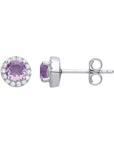 Jewelco London Silver Lilac Cz Solitaire Halo Cluster Stud Earrings - Gve733 - Metallic