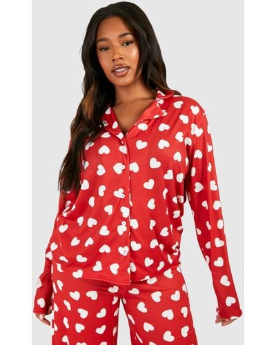 Boohoo Plus Peached Heart Print Long Sleeve Button Pj Shirt - Red