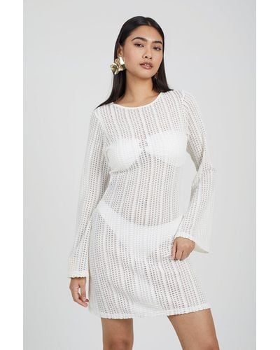 Brave Soul 'maddy' Long Sleeve Knitted Mesh Mini Dress - White