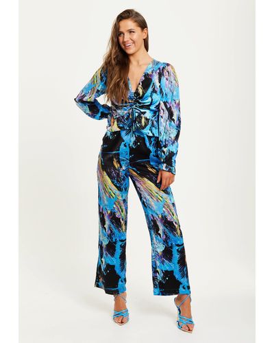 Liquorish Multicolour Abstract Print Jumpsuit With Ruched Front And Long Sleeves - Blue