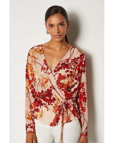 Karen Millen Floral Print Long Sleeve Blouse - Red