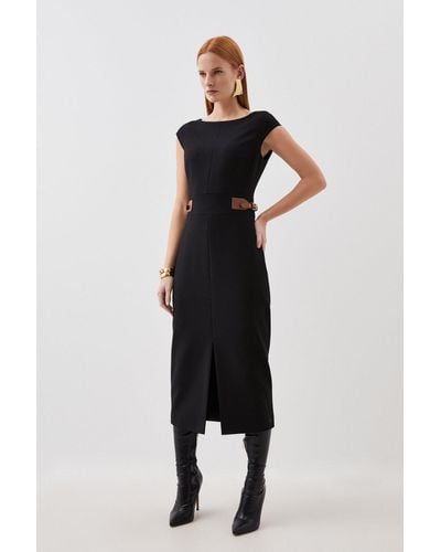 Karen Millen Petite Compact Stretch Insert Panel Soft Skirt Tailored Midi  Dress in Natural