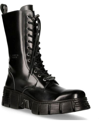 New Rock Boots Leather Mid-calf Tower Biker Boots- M-wall027n-c2 - Black