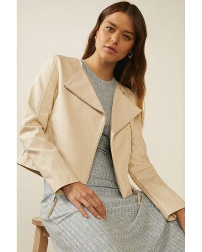 Oasis Faux Leather Collarless Jacket - Natural