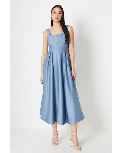 Coast Panelled Bodice Satin Midi Dress - Blue