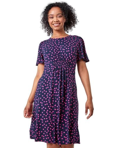 Roman Petite Polka Dot Stretch Tea Dress - Purple