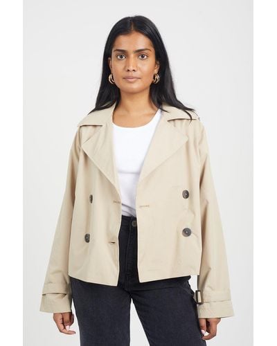 Brave Soul 'brandy' Double Breasted Cropped Trench Coat - Natural