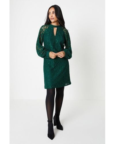Wallis Petite Premium Lace High Neck Shift Dress - Green