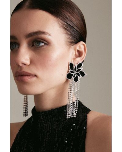 Karen Millen Flower Statement Diamante Drop Earrings - Black