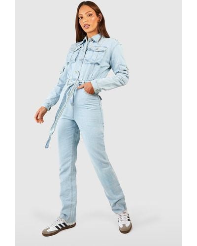 Boohoo Tall Belted Tapered Cargo Denim Boilersuit - Blue