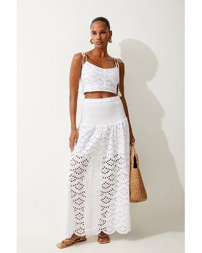 KarenMillen Beach Cotton Broderie Maxi Skirt And Top Co-ord - White