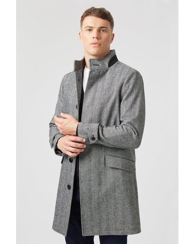 Burton Charcoal Faux Wool Herringbone Funnel Coat - Grey